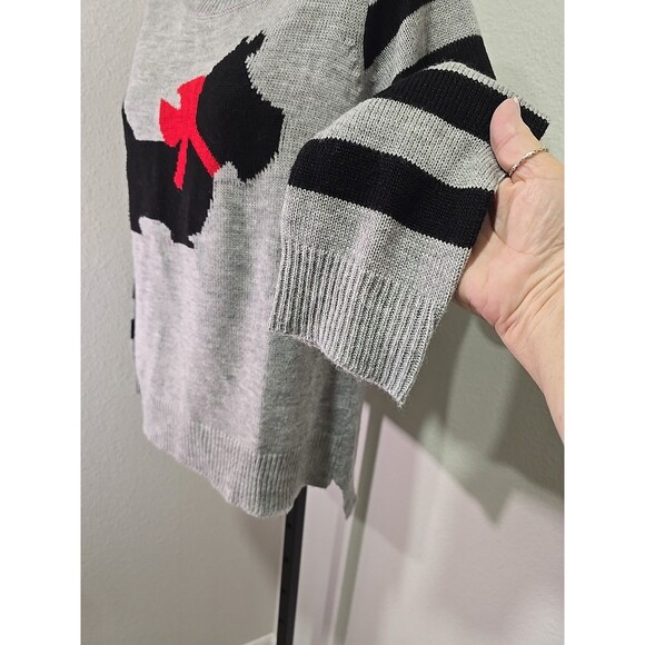 Preppy Novelty Festive Scottie Gray Black Stripe Knit Stretch Sweater Womens PL - Picture 3 of 6